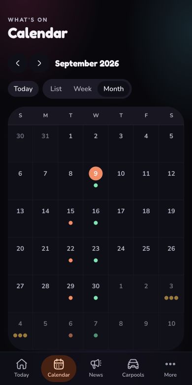 Rytmo’s mobile calendar, showing a month of classes and rehearsals.
