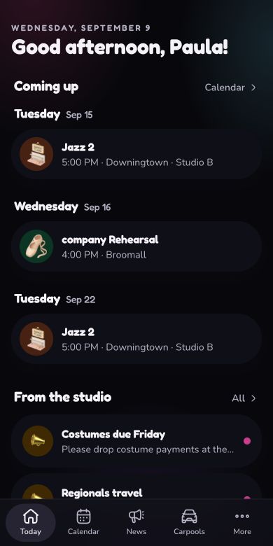 Rytmo’s Today screen with upcoming dance classes, rehearsals, and studio announcements.